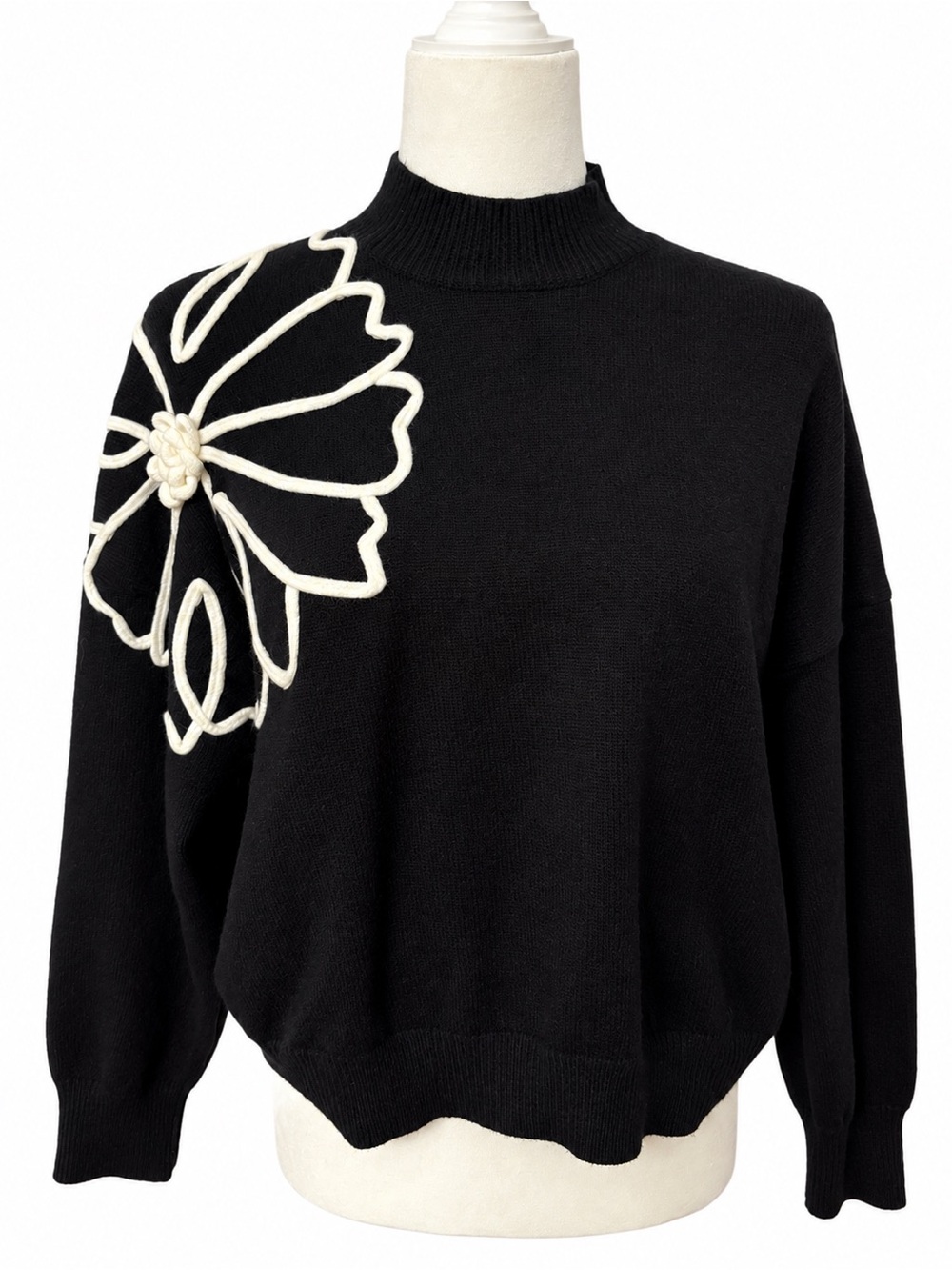 Before You With Love Black Floral Appliqué Mock Neck Sweater Medium